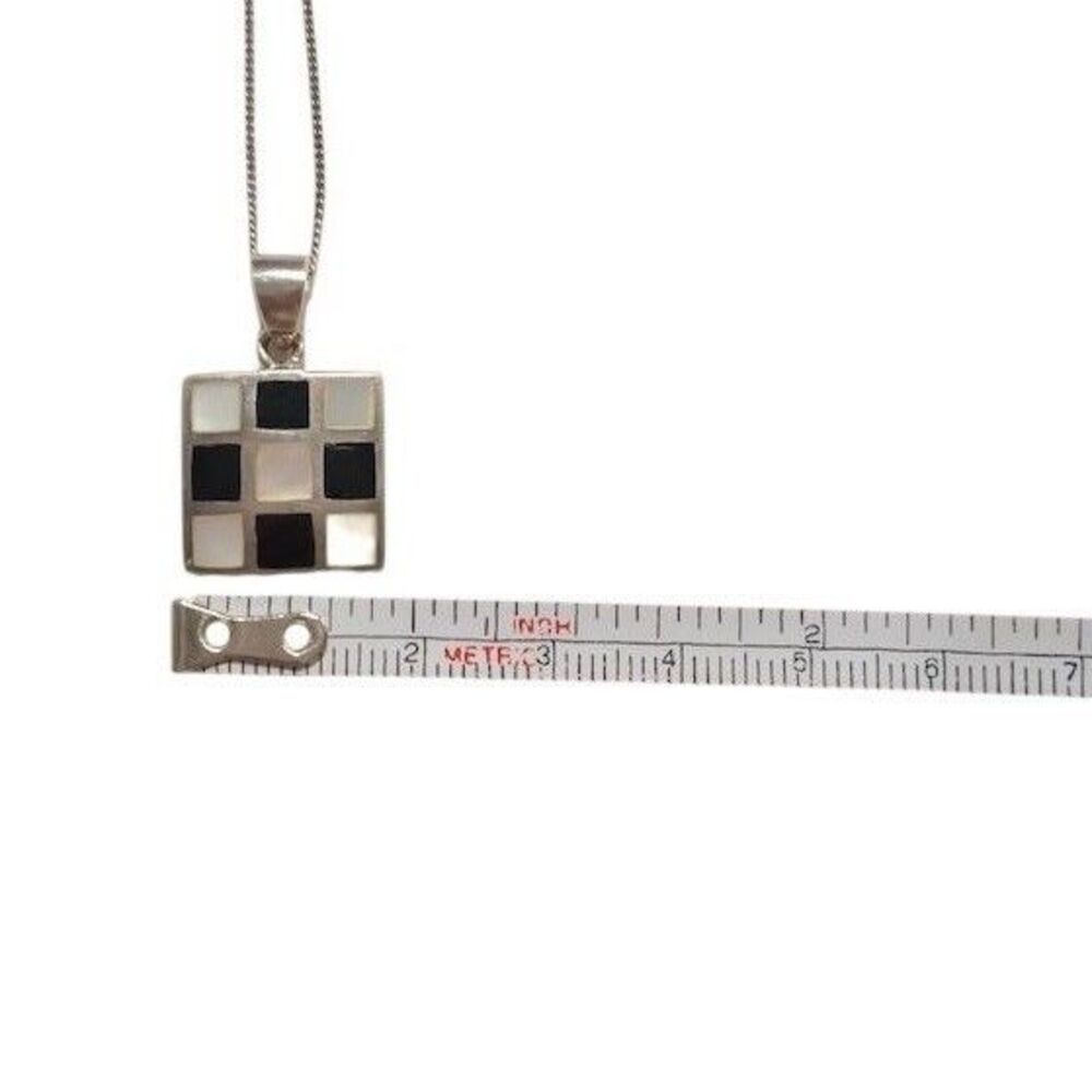 Vtg Sterling Silver 925 Pendant Necklace Square MOP Onyx Checkered NS1 - Picture 6 of 9